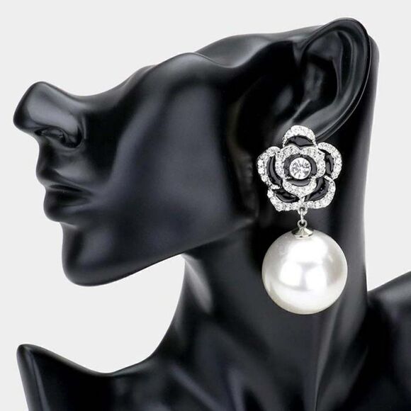 Enamel Black Camellia Flower Pearl Gold Earrings - Picture 1 of 5